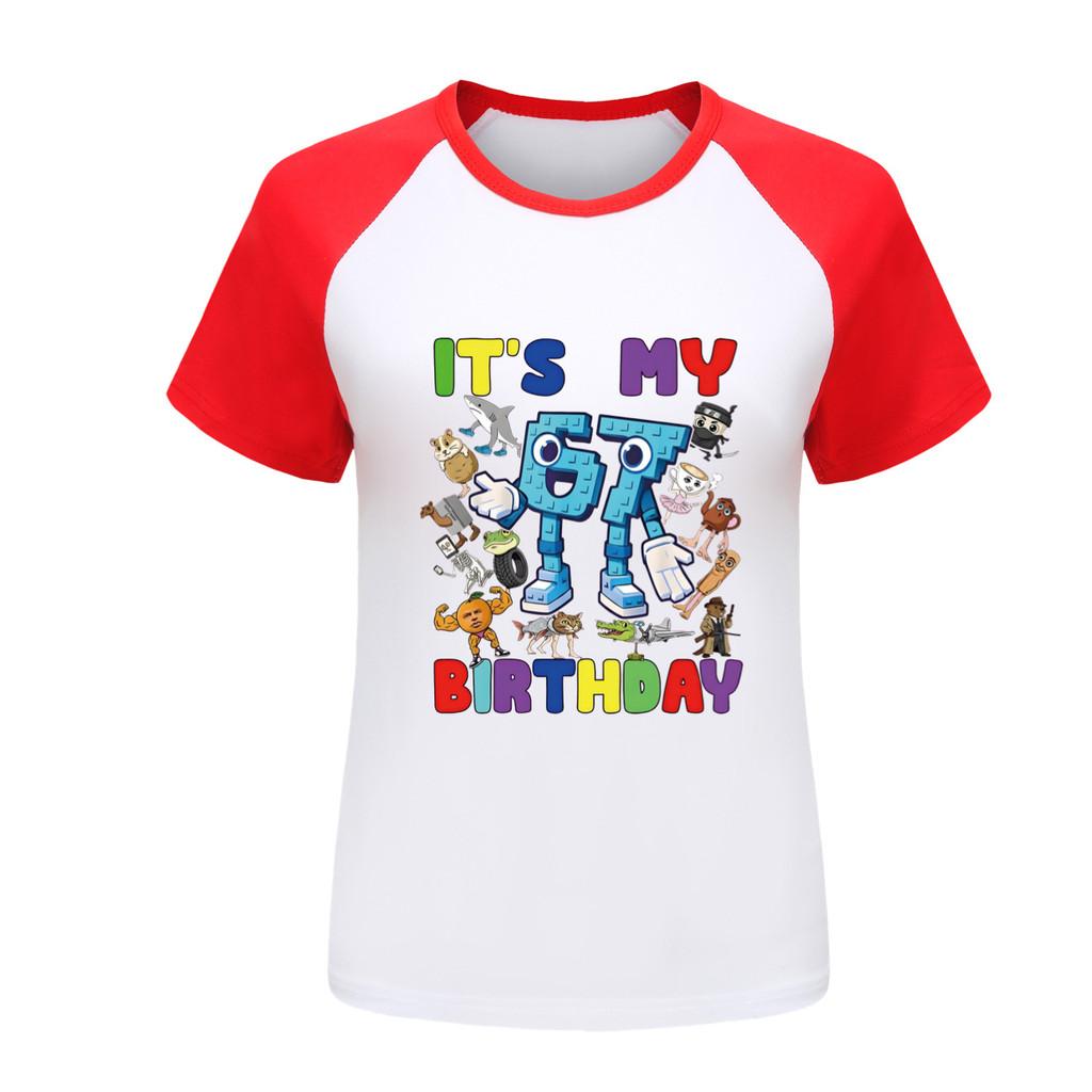 5394 Kids Steal a Brainrot 67 Print Raglan Cotton T-Shirt