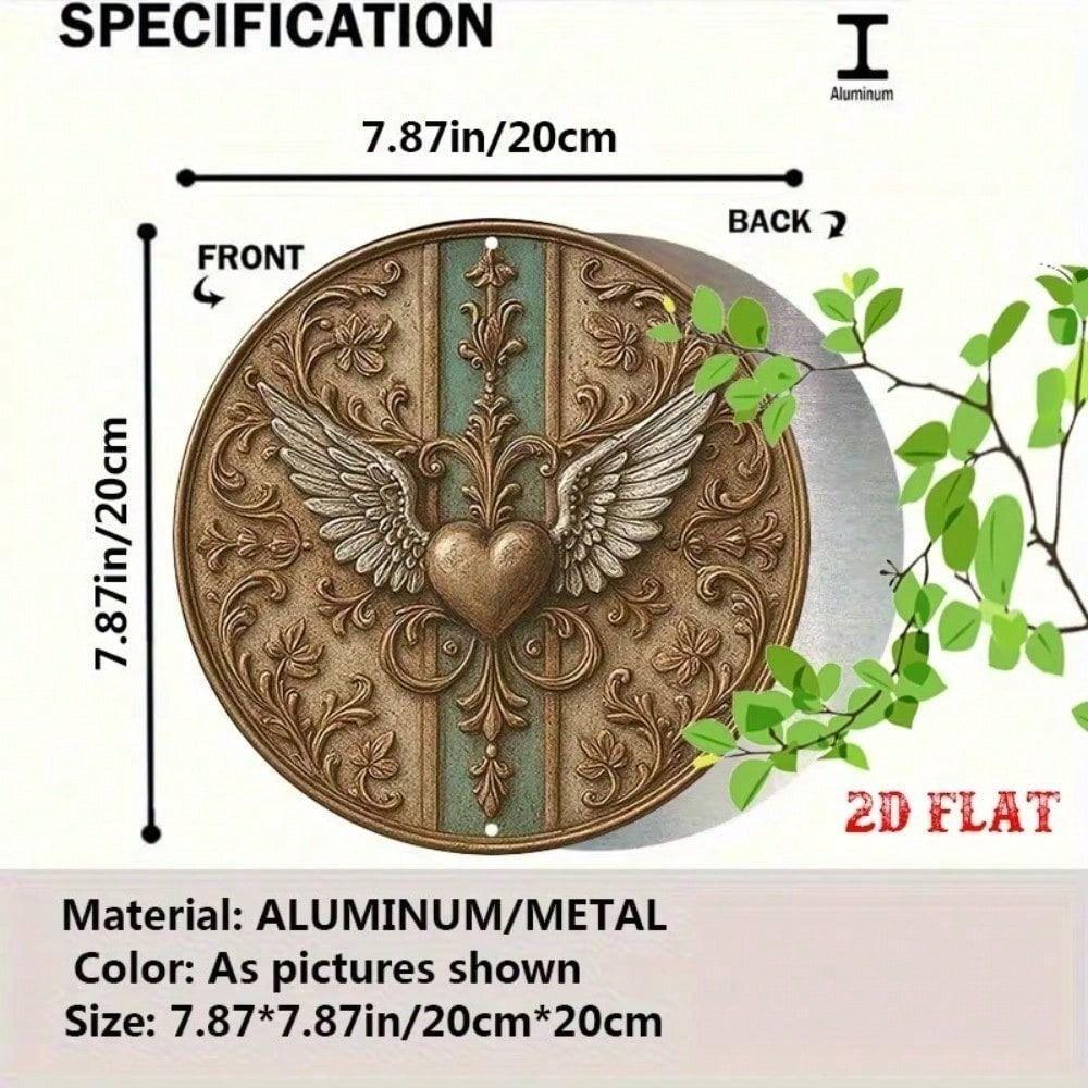 Metal Poster Round Aluminum Sign 2D Vintage Metal Wall Art Heart Wings for Living Room