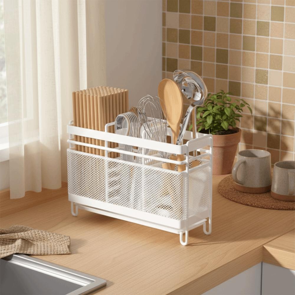 Rust Proof Chopsticks Storage Holder Wall-Mounted Space Saving Cutlery Storage Shelf with Drain Tray Spoon Drainer Basket