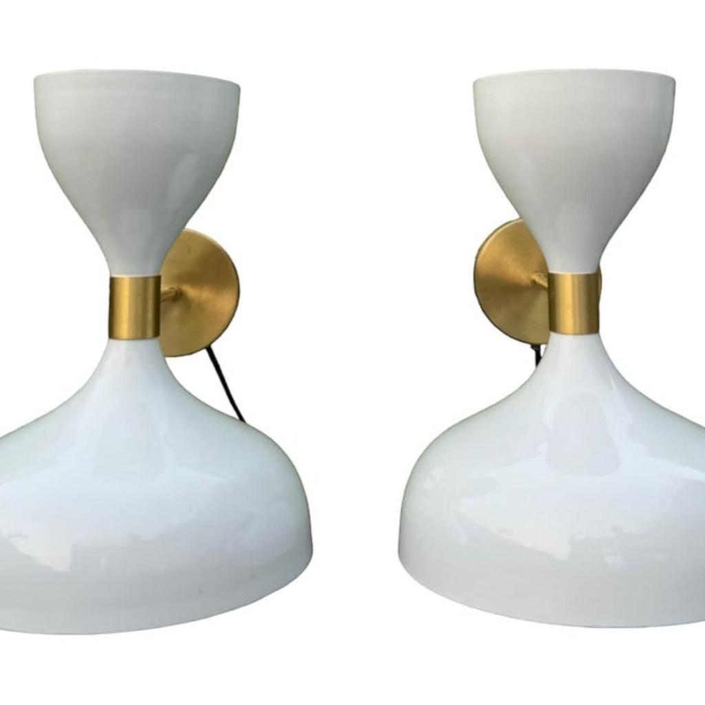 White & Gold Diabolo Mid Century Modern Plug-in Wall Sconces | Double Sputnik Wall Lights | Italian Style Vanity Lamp| Retro 1950s Lighting
