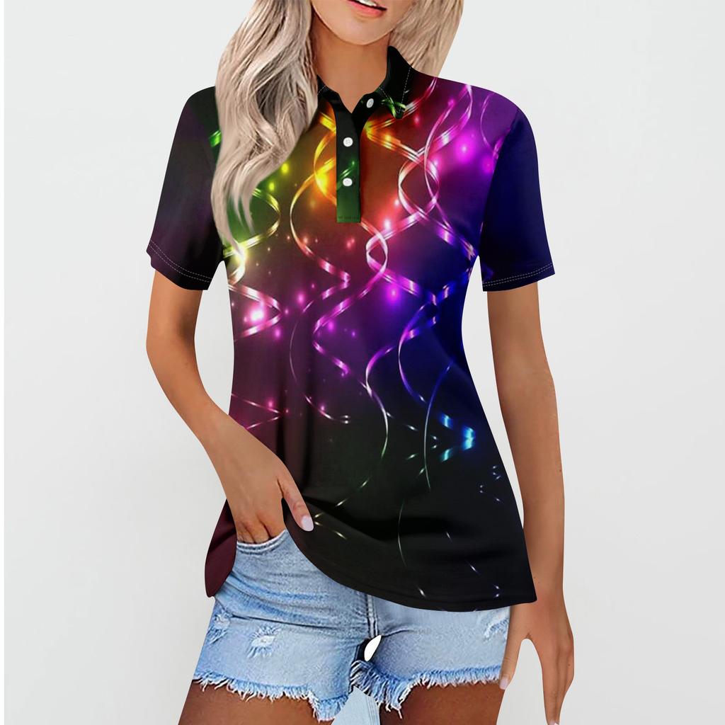 Women's Casual Floral Print V-Neck Short Sleeve Decorative Button T-Shirt Top