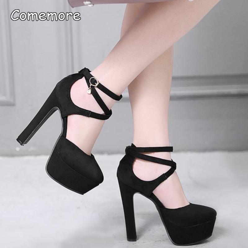 Zapatos de Salón de Tacón Alto de Piel de Ante Negra de 14 CM con Correas Cruzadas en el Tobillo Sandalias de Plataforma para Mujer Moda Primavera Otoño Elegantes