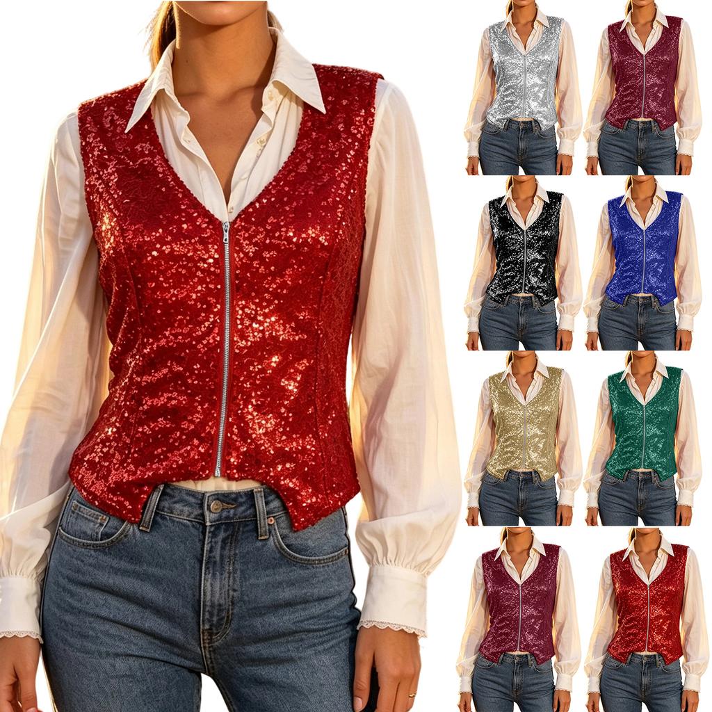 Women's Sequin V-Neck Zip-Up Vest, Sleeveless Cropped Party for Stage and Evening Wear