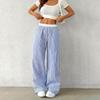 Women Pants Wide-Leg Casual Pants Elastic Waist Adjustable Drawstring Striped Design