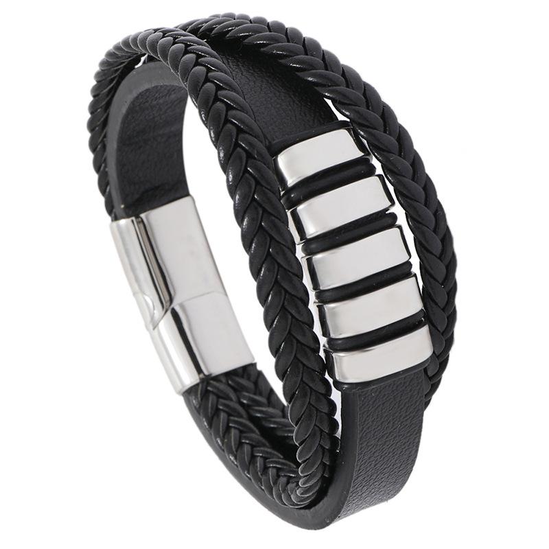 Men s Cool Stainless Steel Leather Bracelet Personalized Fashion Bangles with Magnetic Clasp for Men bangle&22.5cm серебряный