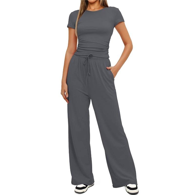 Women's 2 Piece Outfit Short Sleeve T-Shirt Wide Leg Pants Casual Tracksuit