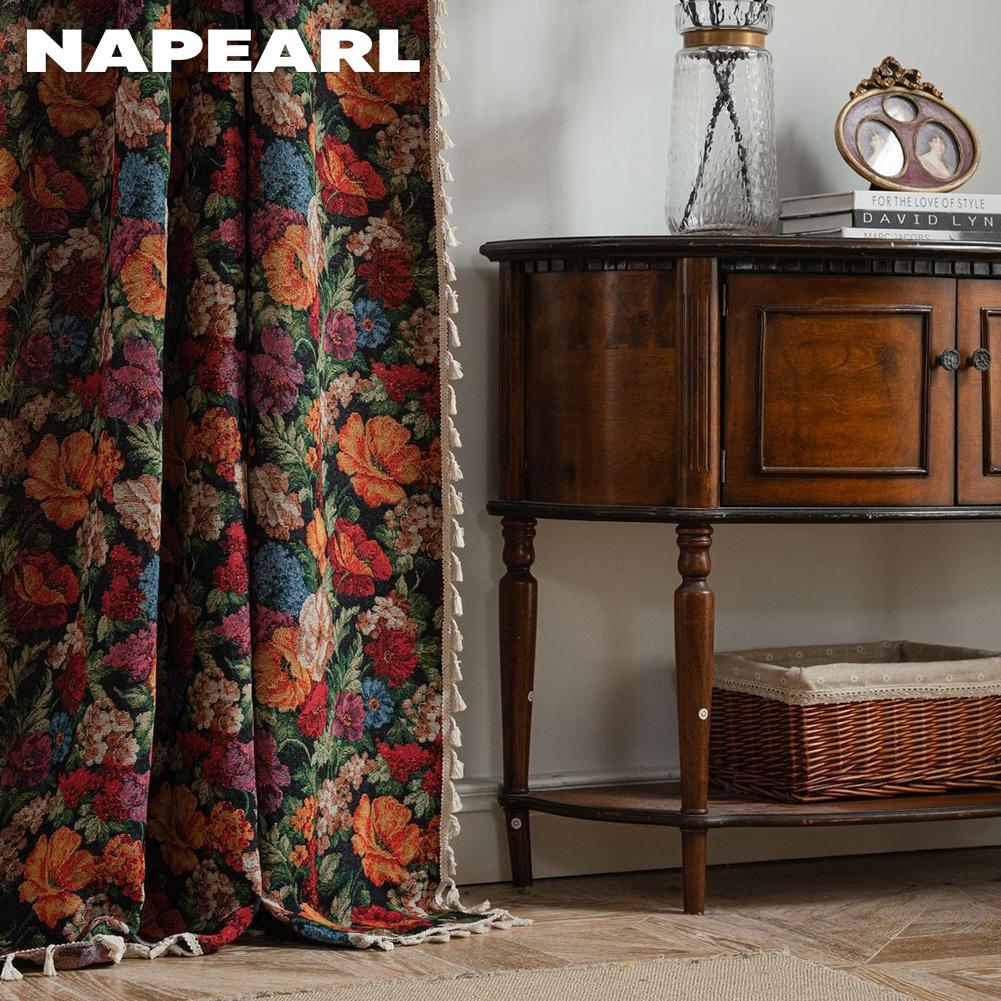 1 ks NAPEARL 40-70% Zatemňovací Retro Venkovský Styl Květinový Vzor Okraj s Třásněmi Závěsy pro Malé Okno Ložnice Obývací Pokoj Balkon Domácí Dekorace
