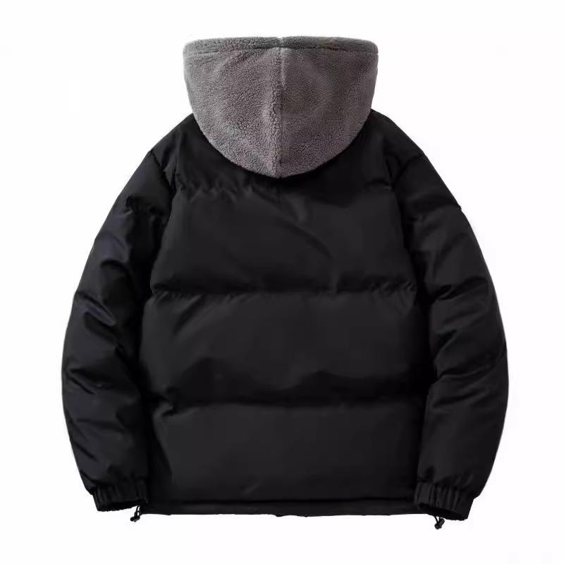 Large size fake two-piece cotton-padded clothes, men's trend loose and thickened fleece, solid color hooded clothes, simple cotton-padded jacket