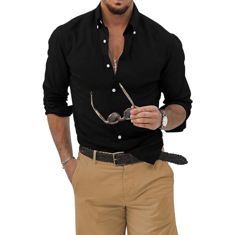 

Мужская хлопково-льняная рубашка на пуговицах однотонная повседневная модная с длинным рукавом деловая рубашка XXXL чёрный