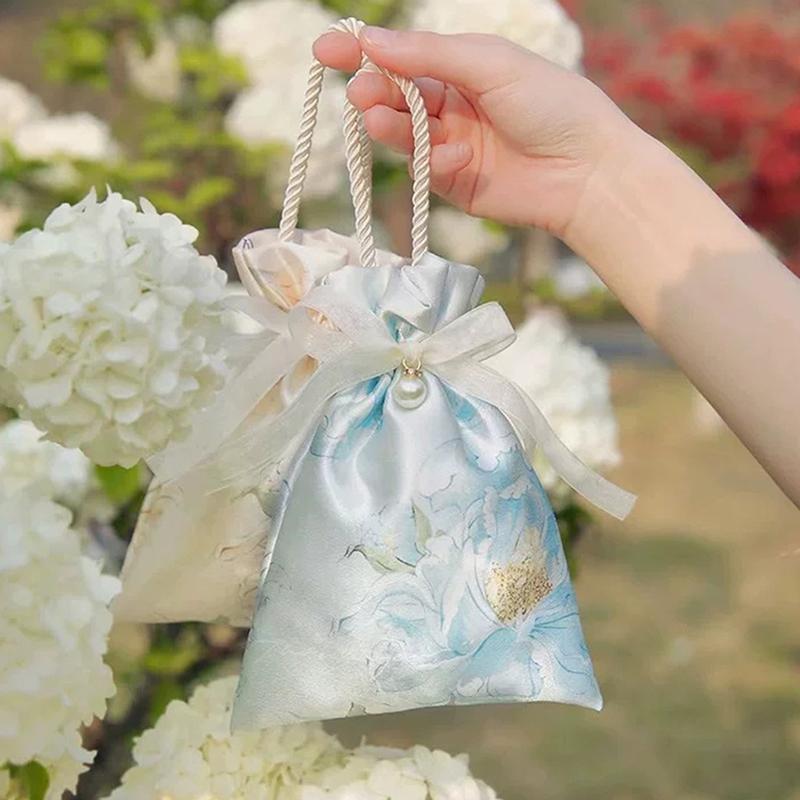 5 Pieces Elegant Floral Drawstring Gift Bags With Pearl Embellishments And Ribbon - Perfect For Weddings, Birthdays, Holidays