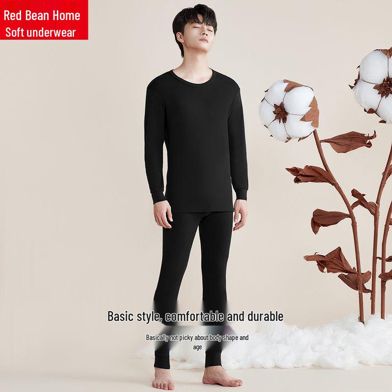 Red Beans Couples' Pure Cotton Thermal Underwear Set - Thin Sweater & Pants for Men and Women, Perfect for Autumn and Winter.