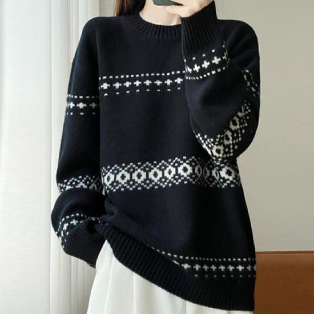 Navava Warm Pattern Point Round Neck Long Sleeve Knit Sweater Nk3519