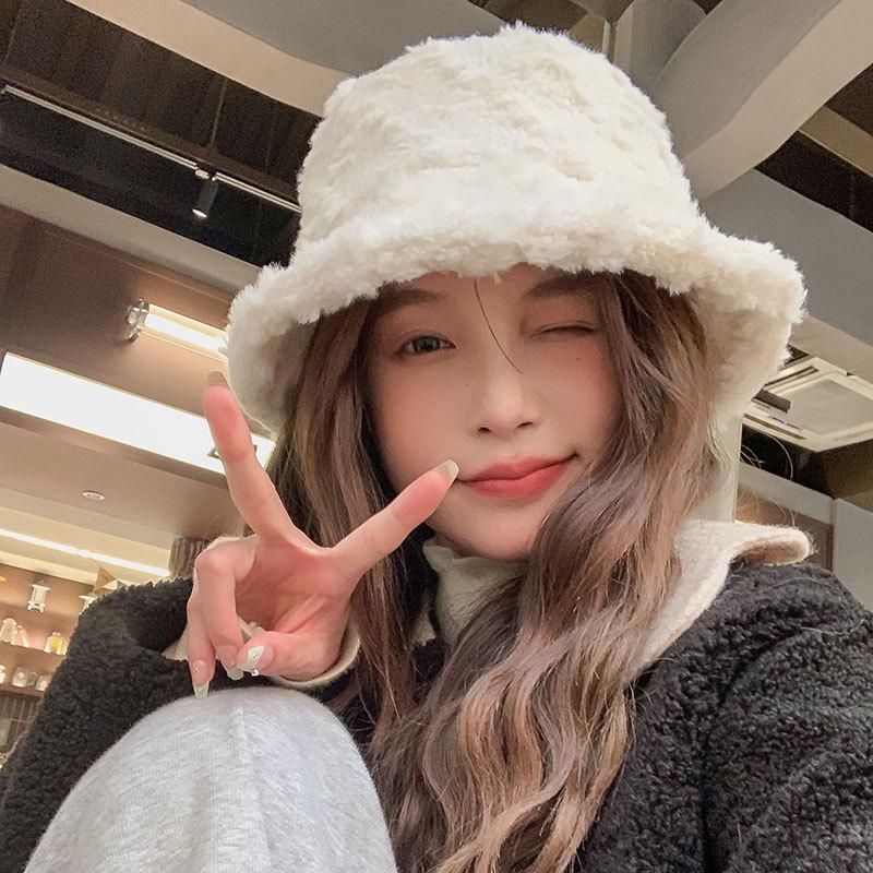 Faux Fur Bucket Hat for Women Winter Thick Plush Girls Fisherman Cap Korean Solid Color Warm Fluffy Sun Visor Panama Caps