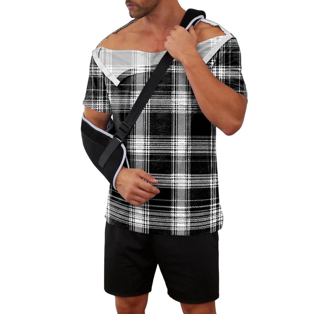 Men's Plaid Printed Recovery Shirt Away Short Sleeve Full Open Front Side Design Adaptive Top