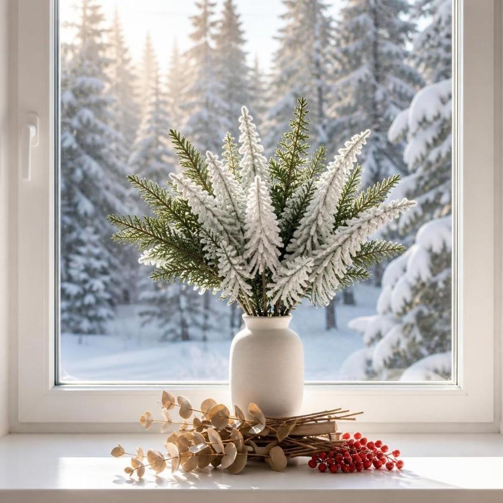 10PCS Snow Flocking Fake Cypress Leaves Plastic Simulation Pine Needle  Party Supplies