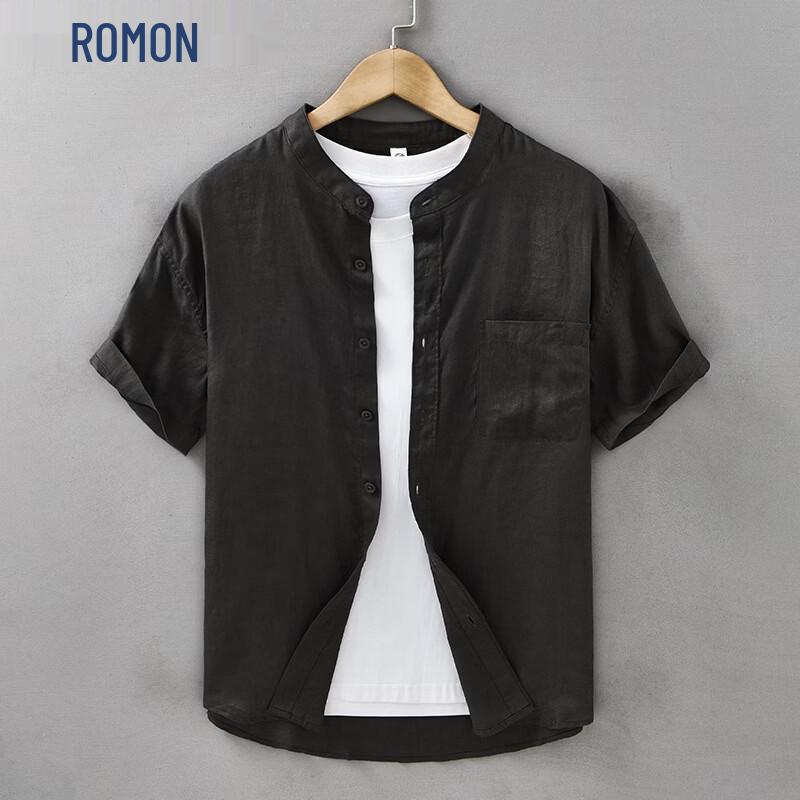 ROMON Men s Pure Linen Short Sleeve Chinese Style Stand Collar Shirt XL