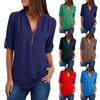 Women's Zipper V-Neck Rollable Sleeve Casual Tops Blouse Loose T-Shirt