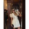 LYRIA Women Elegant Short Sleeve High Waist A-line Dresses Fashion One Button Bodycon Mini Dress New Lady Street Party Vestidos