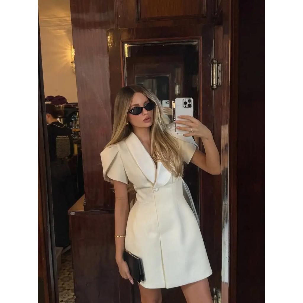 LYRIA Women Elegant Short Sleeve High Waist A-line Dresses Fashion One Button Bodycon Mini Dress New Lady Street Party Vestidos