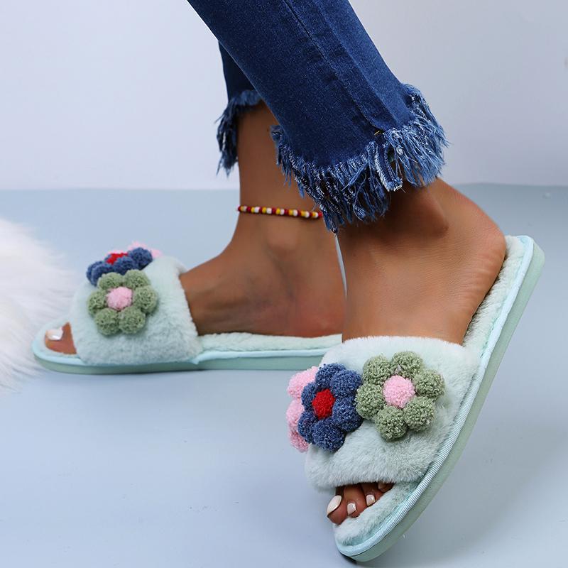 Fashion Fashion Flower Short Plush Cotton Slippers Women 2025 Autumn Round Toe Soft Thick Bottom Slides Sexy Faux Fur Outdoor Slippers
