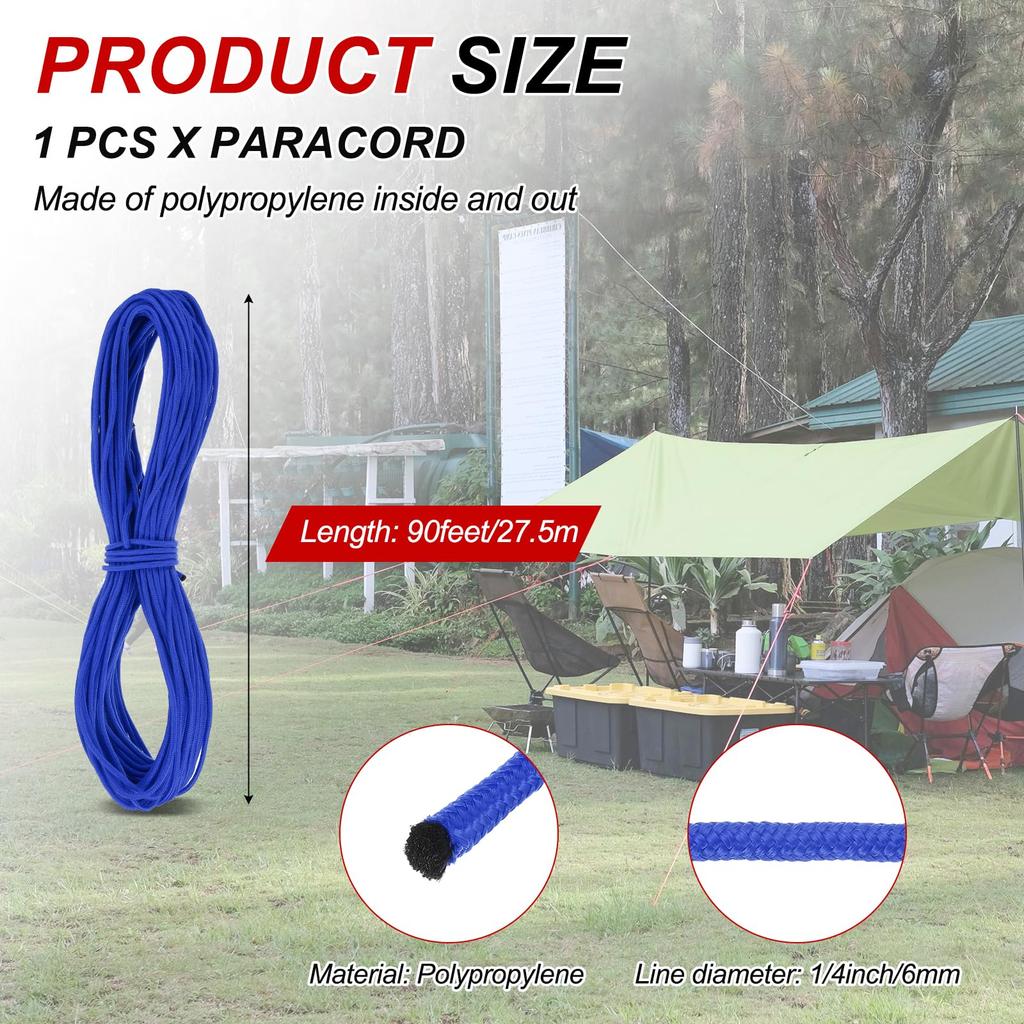 Uxcell 1/4" 90 fot Polypropenrep, Massivflätat Användningsrep för Camping, Flaggstänger, Garderober och Utomhusbruk, Blått