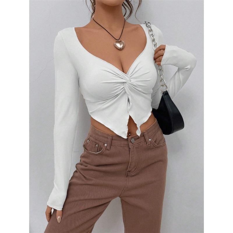 Women's Spring Summer Slim Front Twist Long Sleeve T-Shirt