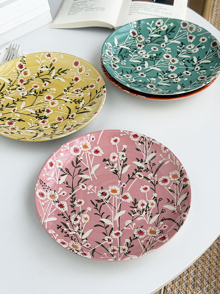 French Style Flower Pattern Ceramic Plates New Household 8 Inch High Aesthetic Dinner Tableware Colour Ceramic Glaze Plate