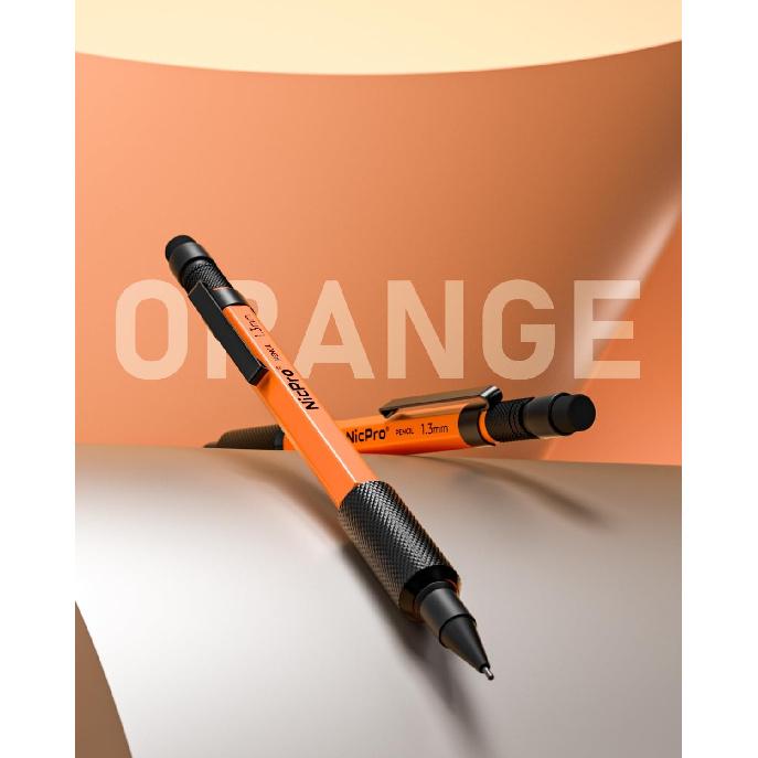 Nicpro 3 PCS 1.3 mm Orange Mechanical Pencils Set with 66 Lead Refill, 3 Eraser - Weatherproof Metal Barrel, Heavy Duty Carpenter Pencil MP2000 for