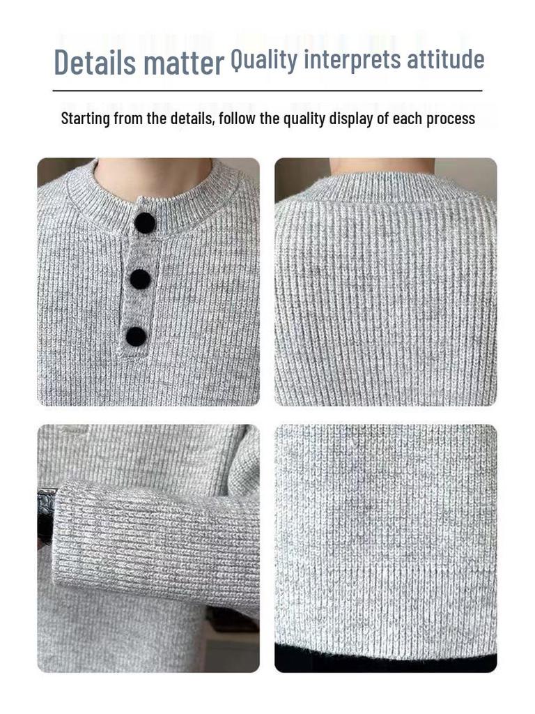 Gray Retro Henley Neck Men's Winter Sweater - Warm, High-End Knit for Cold Protection