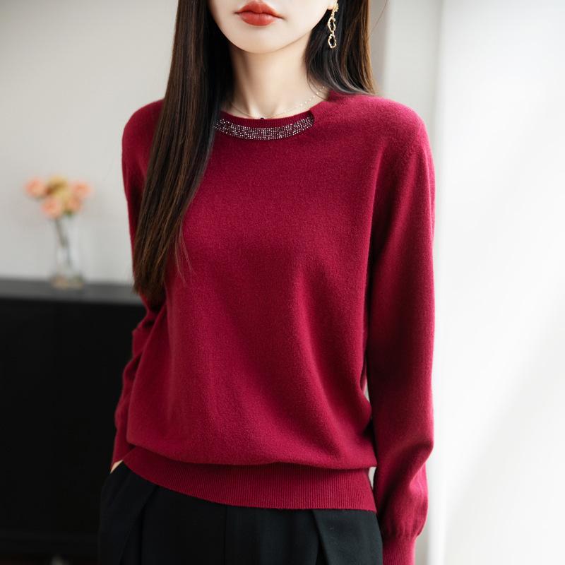 Women's Rhinestone Crew Neck Knit Sweater - Elegant, Versatile, and Stylish for Autumn & Winter