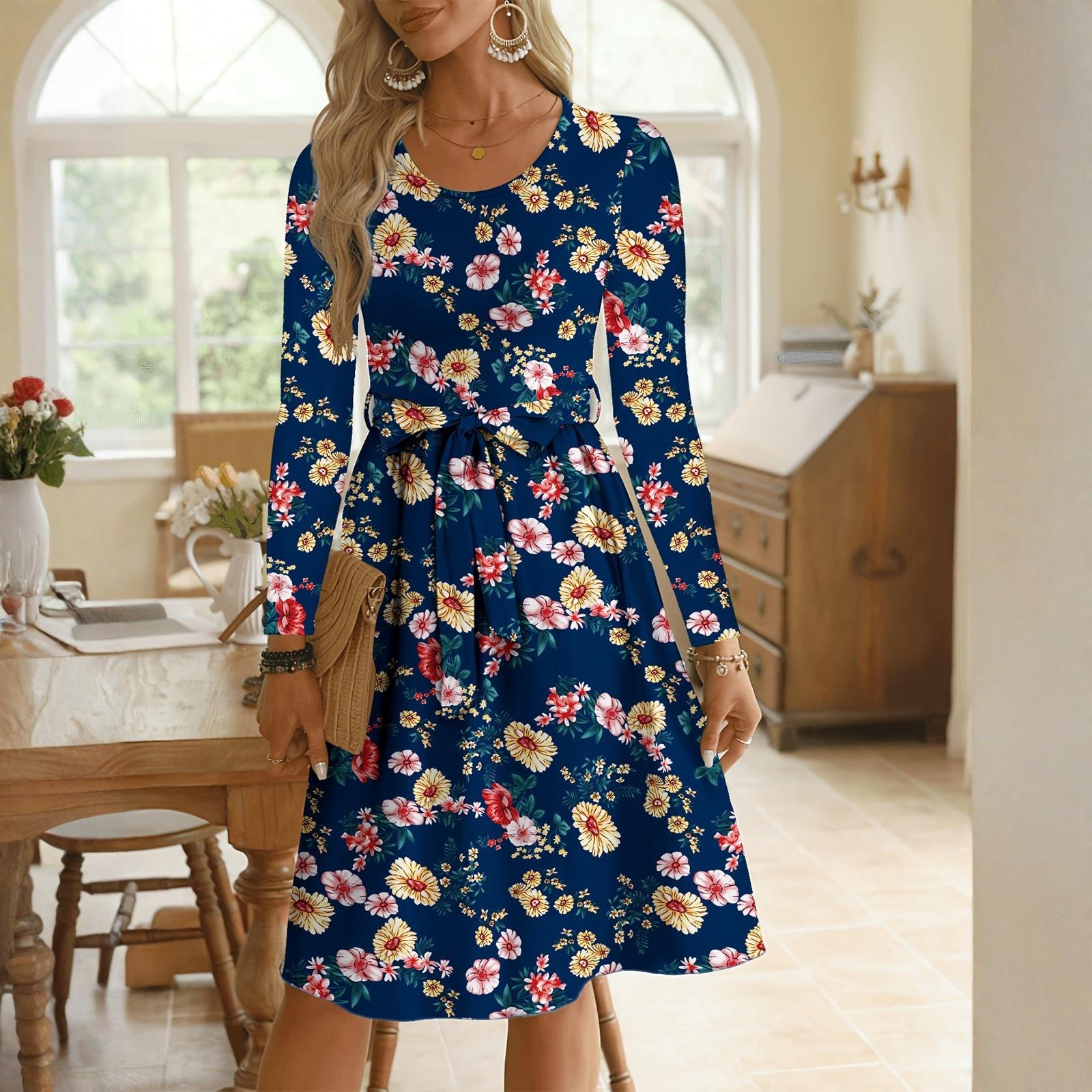 

Женское модное ретро платье с принтом, цветными блоками и поясом на талии, повседневное, с длинным рукавом L