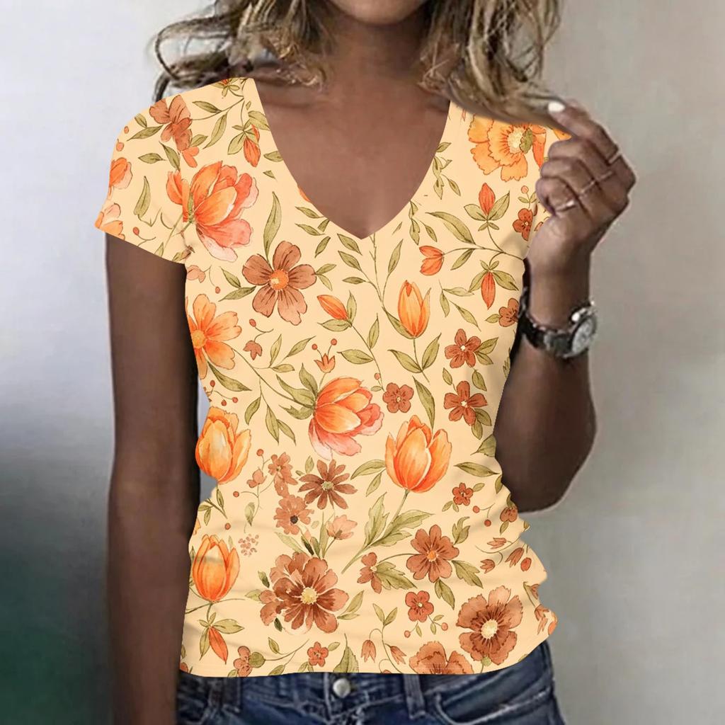 Women V Neck Short Sleeve Floral Print T Shirt Casual Loose Fit Lightweight Soft Top for Daily Wear Work Travel