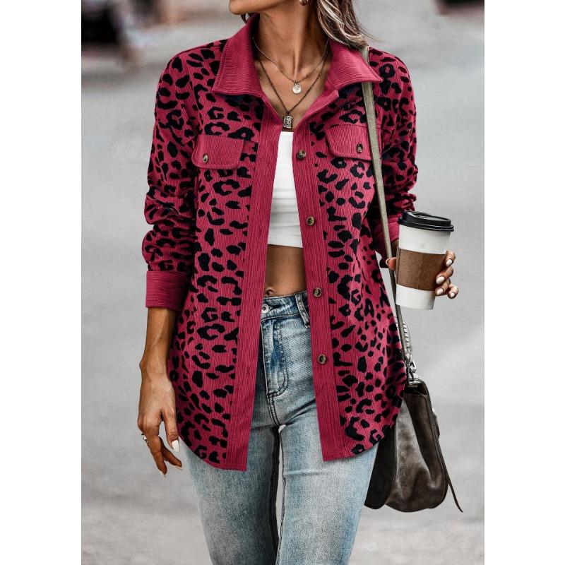 Plus Size Leopard Print Button-Up Jacket with Long Sleeves for Autumn/Winter