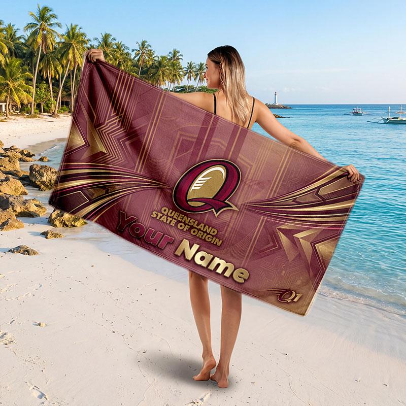 Queensland Maroons Customized Name Text Beach Towel, Soft Absorbent Towel Beach Pool Travel Personal Gift