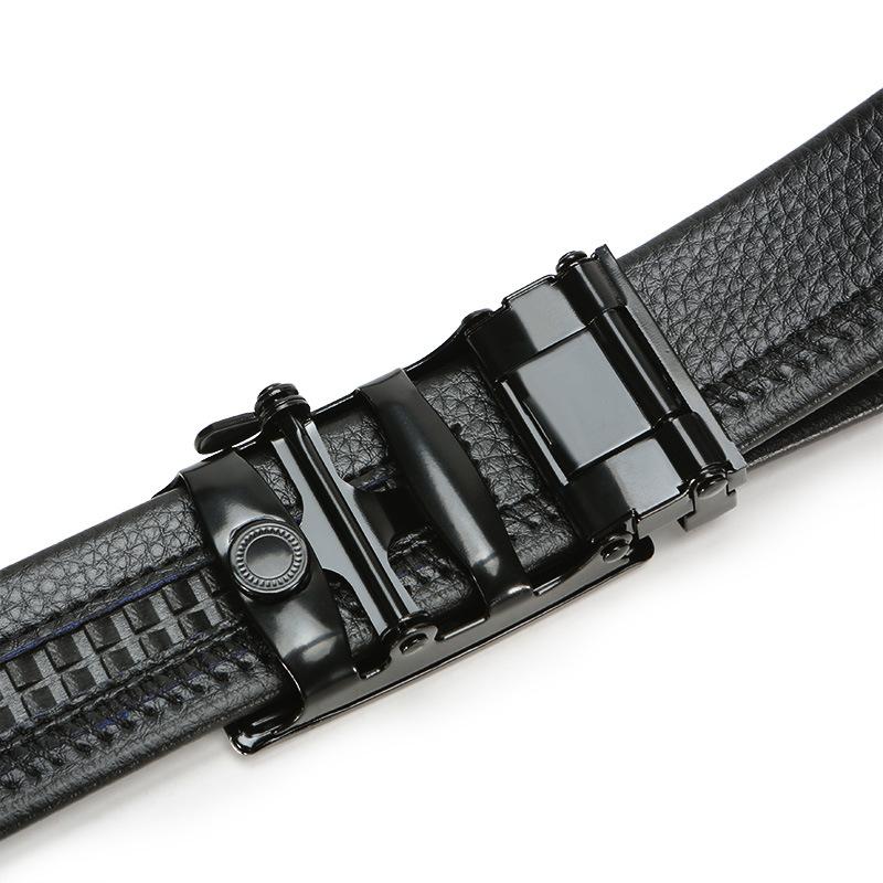 Men'S Automatic Buckle Iron Buckle Hemming Lychee Pattern Black Belt Middle-Aged And Young Business Belt