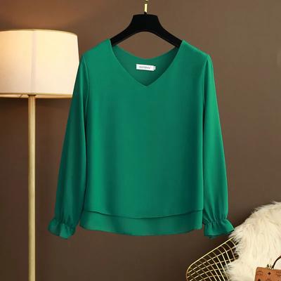 Dames Lente Grote Maten Effen Kleur Temperament Chiffon Blouse Lange Mouwen Losse V-hals Blouse
