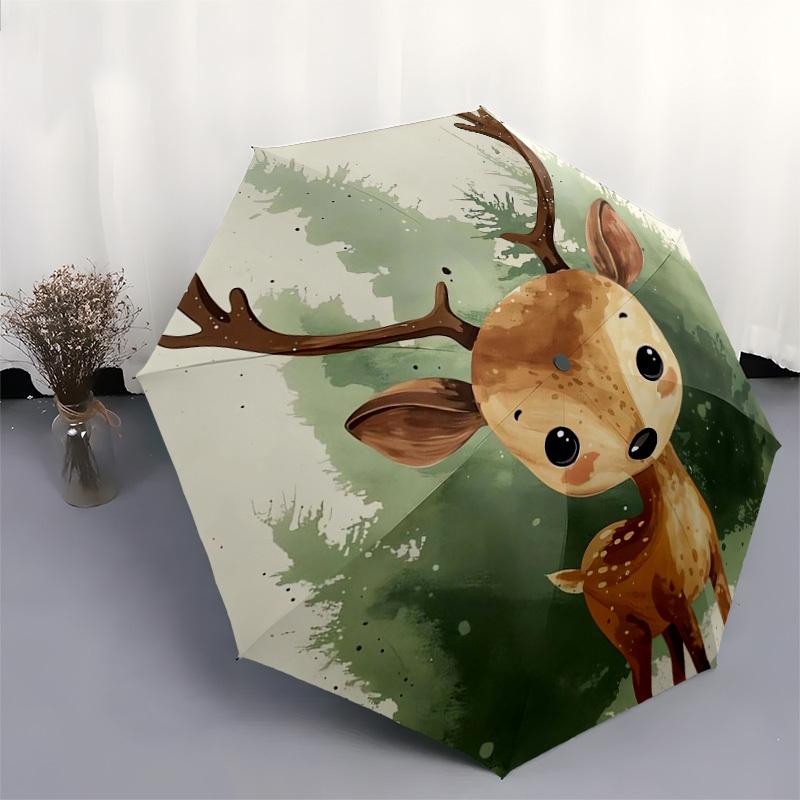 1pc Forest Deer Illustration Umbrella with Plastic Handle,Suitable for All Seasons Home Travel Outdoor UmbrellaDD463