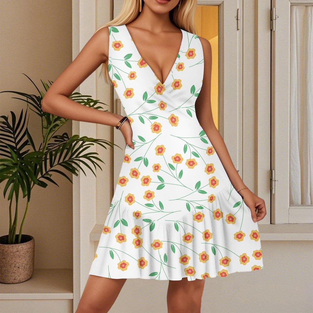 Women's Summer Dress V Neck Sleeveless Casual Floral Print Hem Pleated Dress