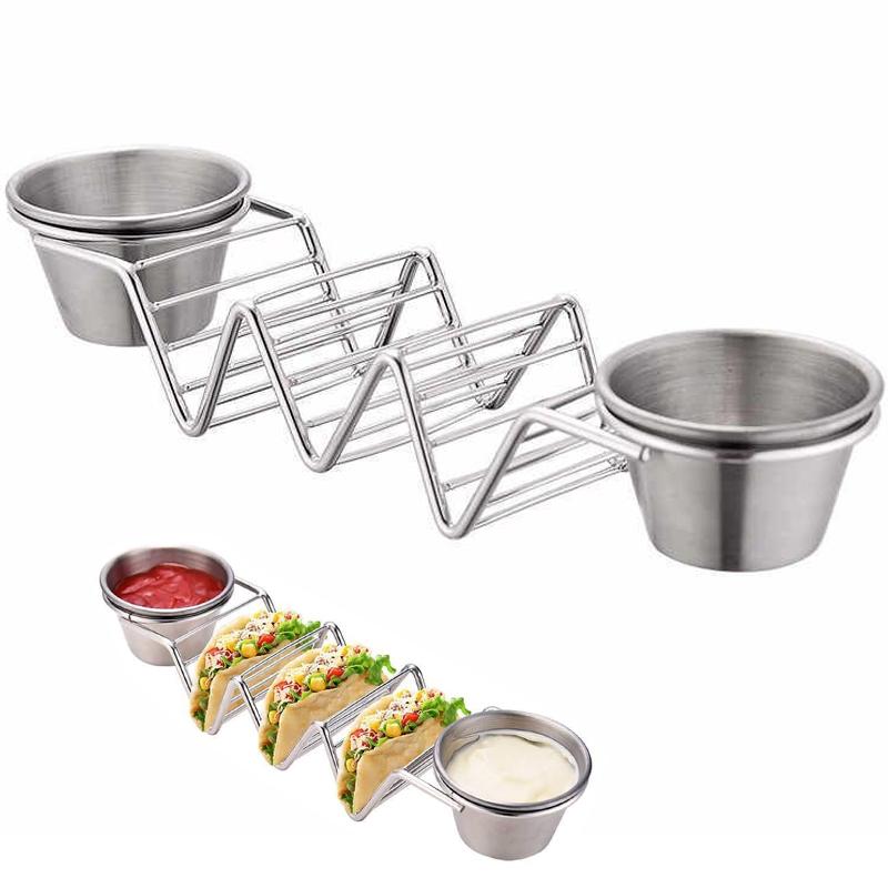 Stainless Steel Taco Holder with 2 Sauce Cups Taco Stand Holds 3 Tortillas Taco Tray Plates Fits Air Fryer Oven Kitchen Gadgets