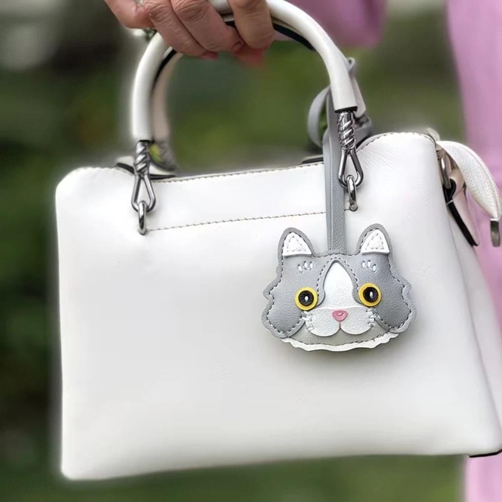 

Leather Cat Leather Pendant Cartoon Animal Bag Hanging Cat Leather Keychain Friend Birthday Gift светло-серый