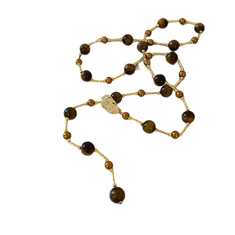 New Retro Maillard Tiger Eye Stone Beaded Long Sweater Chain High-end Atmosphere Autumn and Winter Accessories Necklace