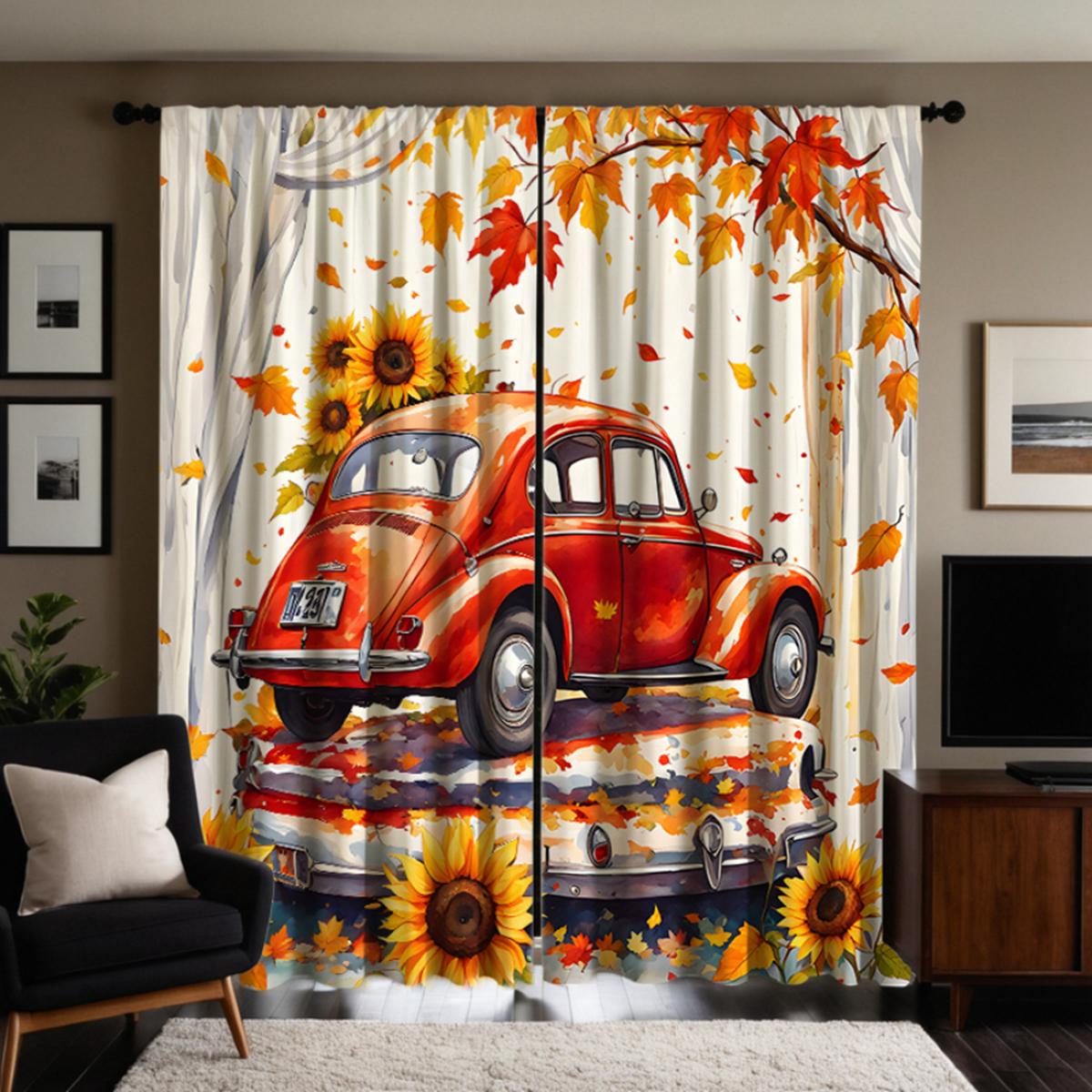 

2 шт. HD Осенний кленовый пикап декоративная занавеска Желтая завязка цифровая печатная занавеска Стиль украшения дома Украшение livi W52H63inchW132H160cm