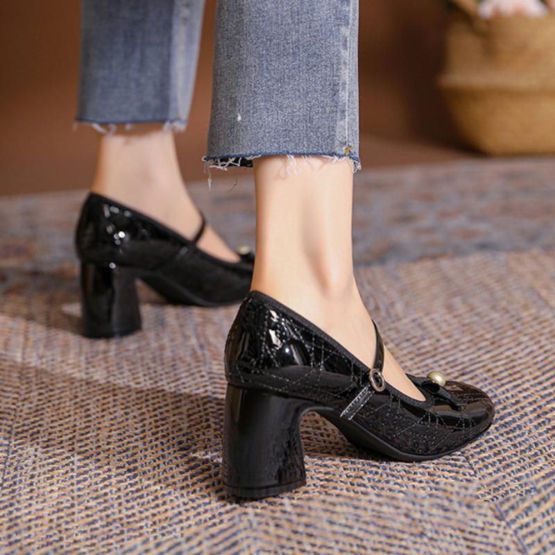 Pantofi Mary Jane cu toc înalt Design de nișă Pantofi de damă Fundă în formă de diamant Pantofi cu toc înalt Pantofi cu vârf rotund Pantofi cu toc gros