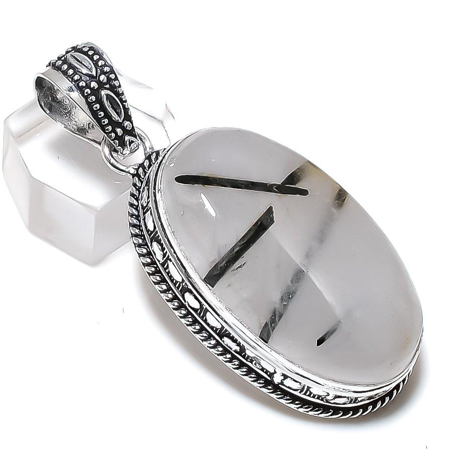 Natural Black Rutile Gemstone 925 Steling Silver Jewelry Pendant 2.25" c4C92