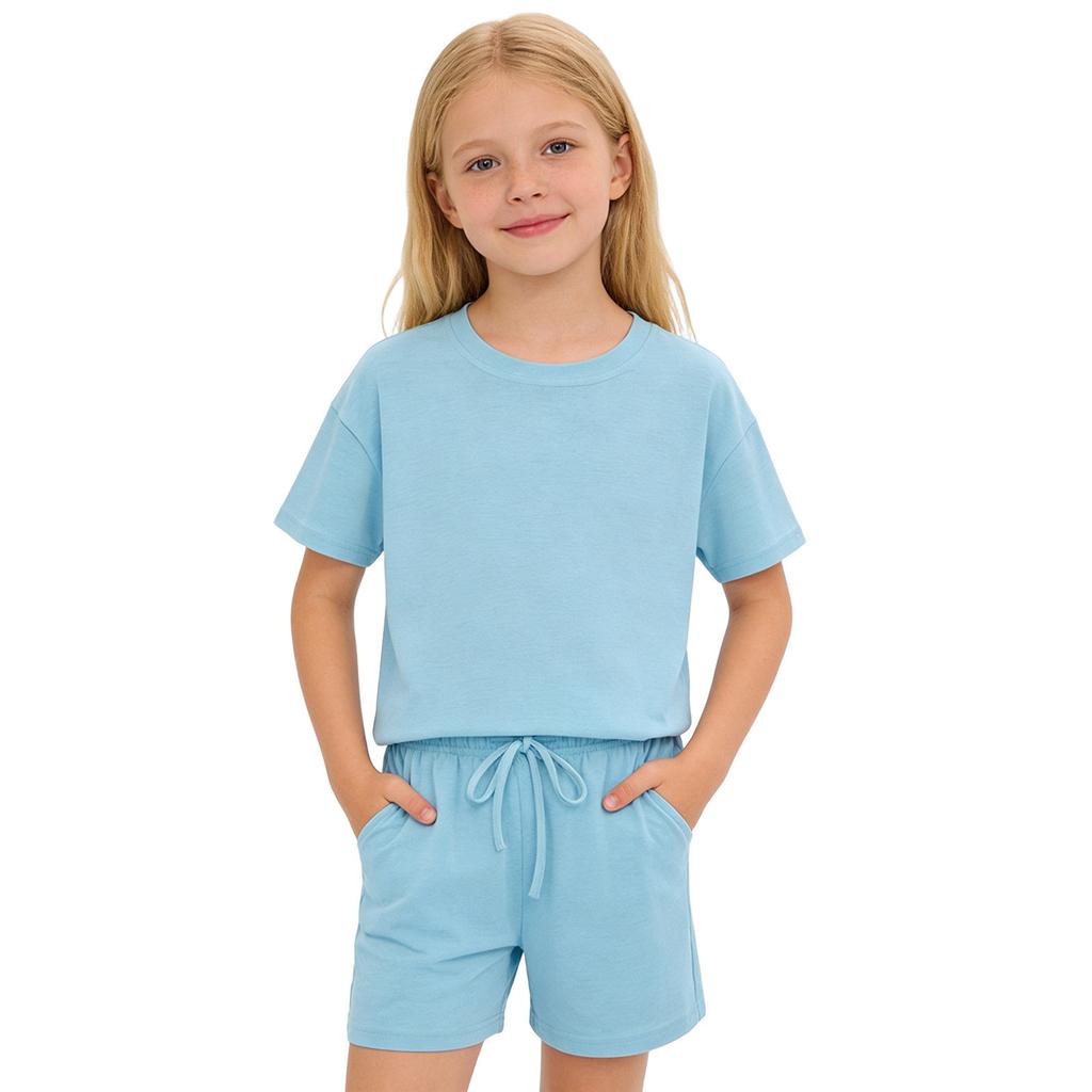 Kids Solid Color Shorts Set Drawstring Waist Pockets Crew Neck T-Shirt Casual Summer Outfit for Boys and Girls