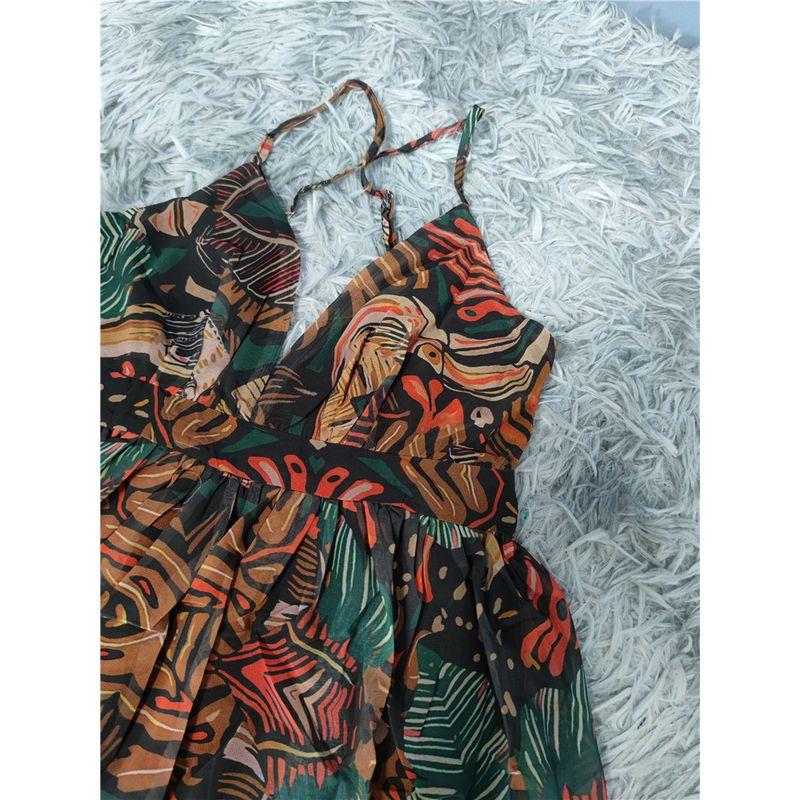 Foreign Trade Order Lu's Exquisite Chiffon Swing Skirt Waist-Slimming Slimming Dress Sling V-neck Formal Dress Print Long Dress