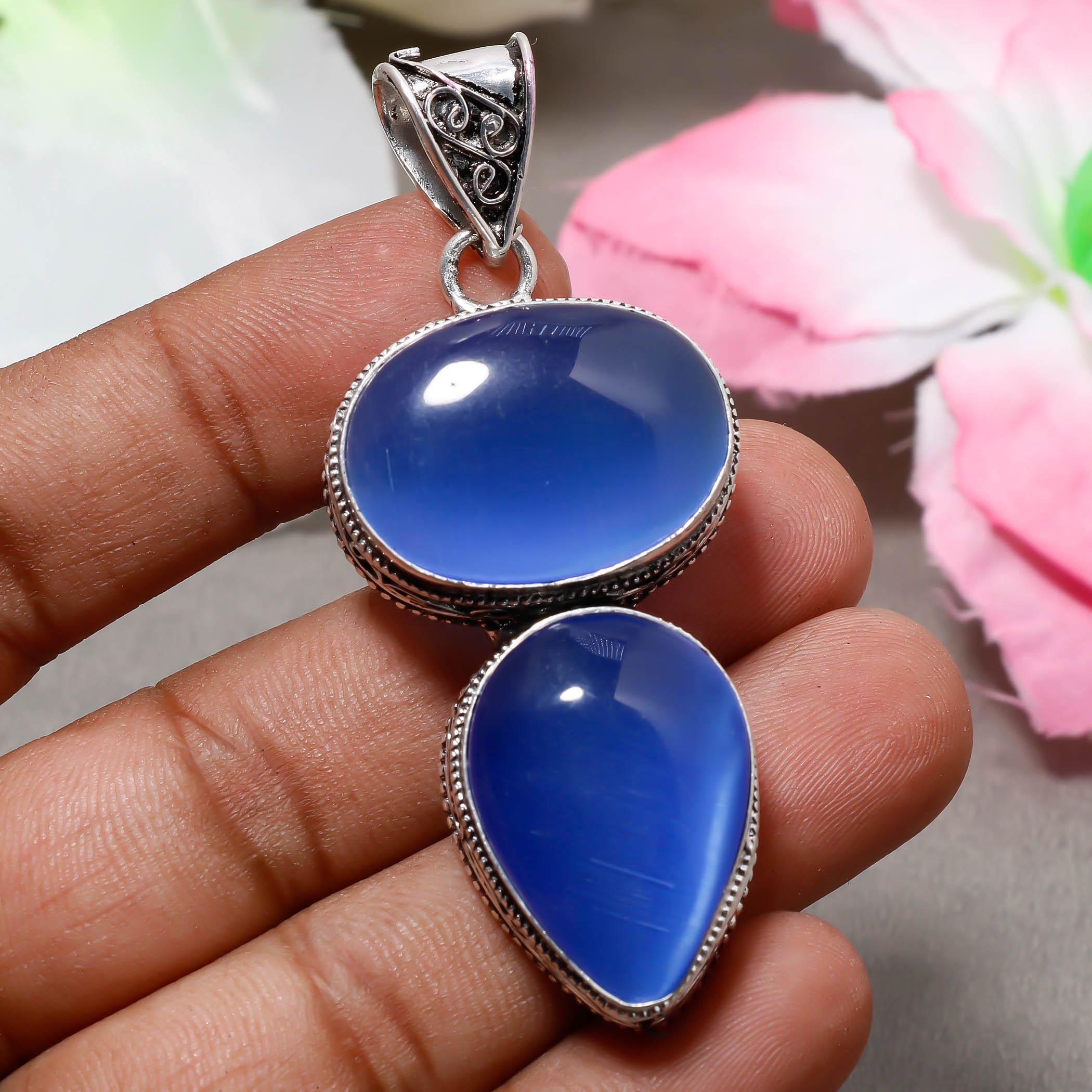 

Blue Cat s Eye Gemstone 925 Sterling Silver Boho Jewelry Antique Pendant