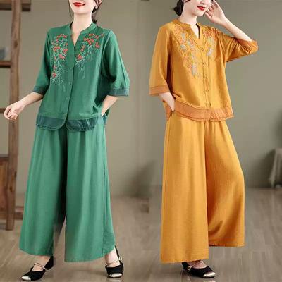 Γυναικείο καλοκαιρινό καθημερινό πουκάμισο Vintage με φλοράλ κέντημα με λαιμόκοψη Φαρδιά γυναικεία μισά μανίκια πουκάμισα + κοστούμια παντελόνι