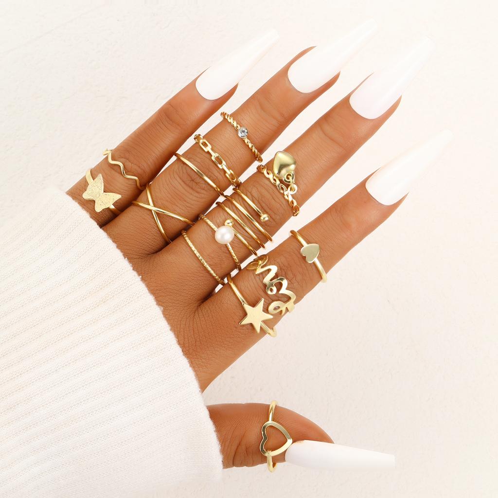 Gold Color Irregularly Rings Set For Women Vintage Heart Butterfly Pearl Geometric Hollow Ring New Fashion Party Jewelry Gifts