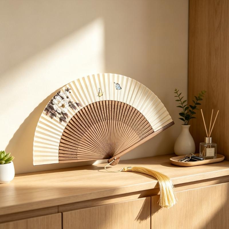 Folding Fan Home Accent, Display Piece with Pattern Detail for Shelf, Study and Tea Room Arrangement Display Touch